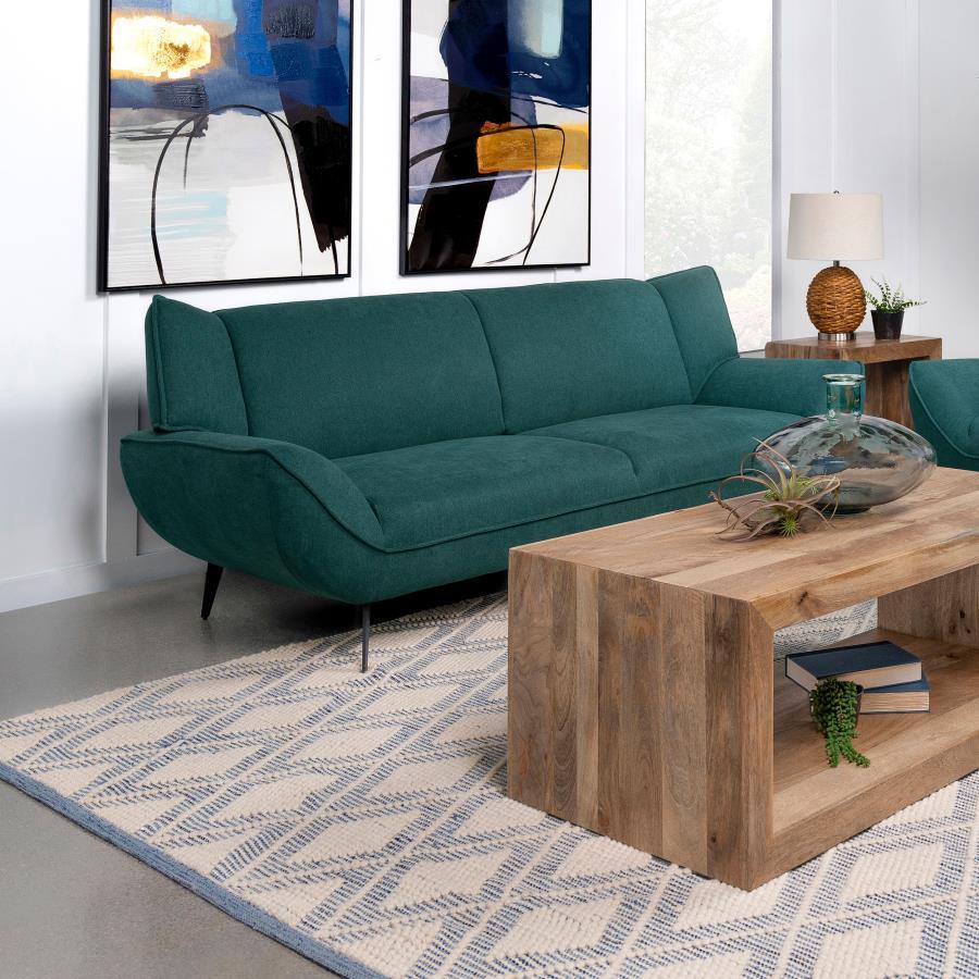An iconic mid-century modern motif will look great in your casual living room or den. This comfy and stylish sofa recreates retro design elements and ensures the commitment to easy, comfortable relaxation. This sofa features gorgeous teal fabric upholster