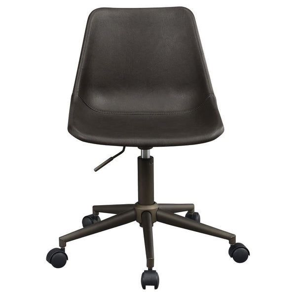  brown office chair is an excellent choice. The curved seat offers the perfect amount of support for an efficient workday. Brown fabric upholstery and a matching brown base gives it a no-nonsense look. S