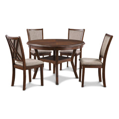 The meticulously crafted Amy 5-Piece Wood Round Dining Set includes a spacious 47" round dining table and four chairs, designed for both durability and beauty. The solid Rubberwood and Mindi veneer construction ensures lasting quality, while the tradition