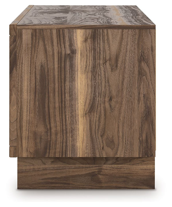  retooled for todayâ€™s trends. This TV stand with electric fireplace puts an elevated twist on mod aesthetics. Its warm brown tones reflect the mid-century vibes you love