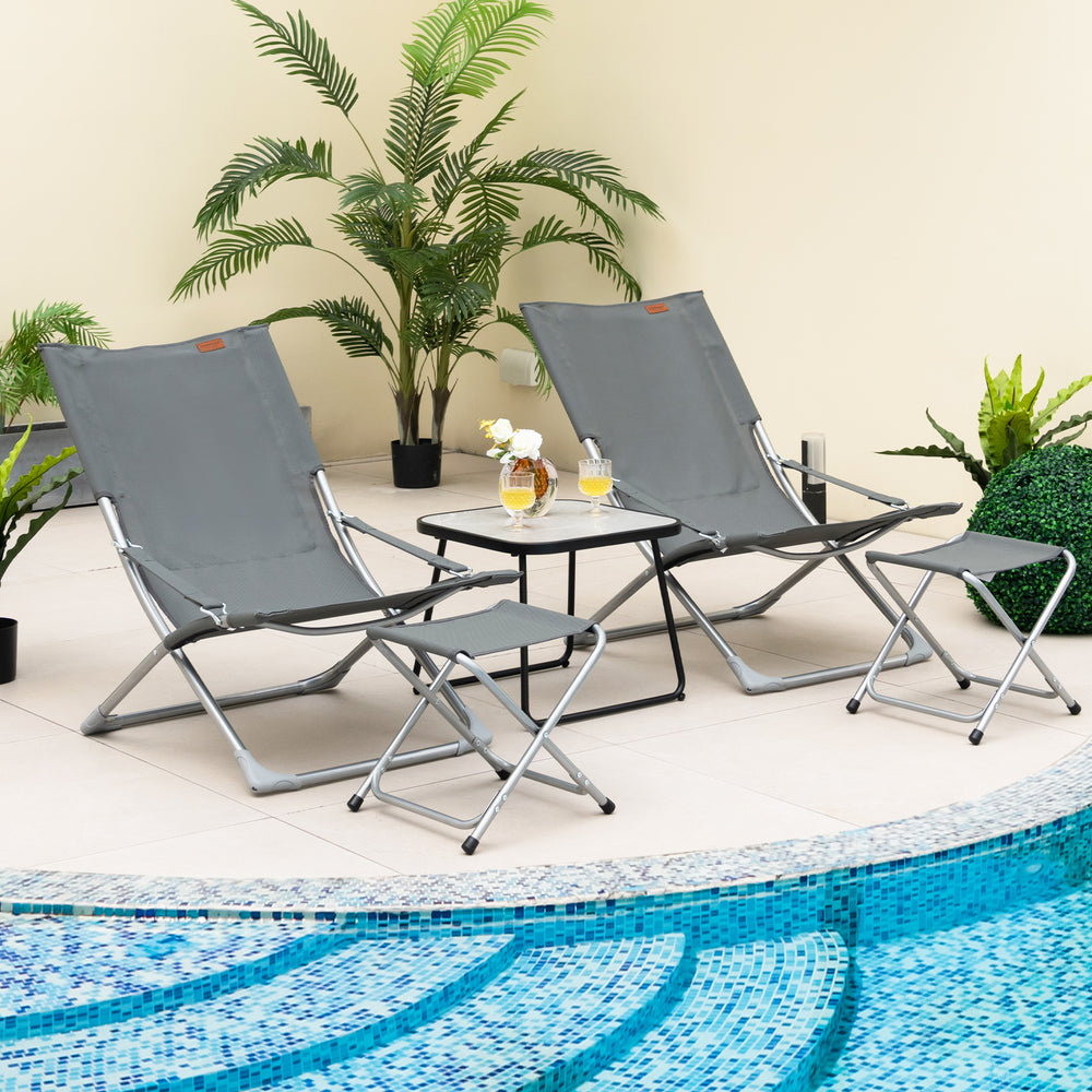Includes 2 folding chairs  2 folding footrests and 1 coffee table<br>Foldable chairs and footrests for easy storage and carrying<br>Rear storage pocket allows you to store folded footrests or books<br>Patio chairs feature comfortable cushions  headrest an