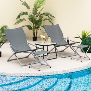 Includes 2 folding chairs  2 folding footrests and 1 coffee table<br>Foldable chairs and footrests for easy storage and carrying<br>Rear storage pocket allows you to store folded footrests or books<br>Patio chairs feature comfortable cushions  headrest an