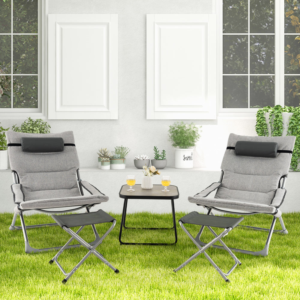 Includes 2 folding chairs  2 folding footrests and 1 coffee table<br>Foldable chairs and footrests for easy storage and carrying<br>Rear storage pocket allows you to store folded footrests or books<br>Patio chairs feature comfortable cushions  headrest an