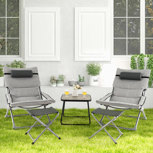 Includes 2 folding chairs  2 folding footrests and 1 coffee table<br>Foldable chairs and footrests for easy storage and carrying<br>Rear storage pocket allows you to store folded footrests or books<br>Patio chairs feature comfortable cushions  headrest an