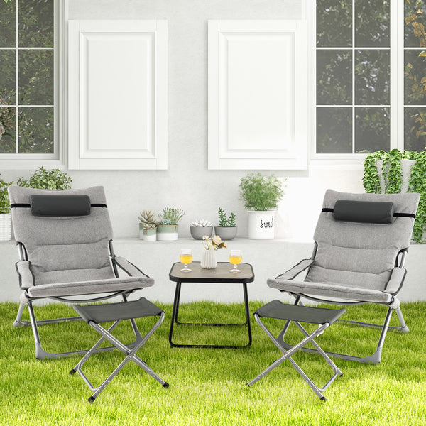 Includes 2 folding chairs  2 folding footrests and 1 coffee table<br>Foldable chairs and footrests for easy storage and carrying<br>Rear storage pocket allows you to store folded footrests or books<br>Patio chairs feature comfortable cushions  headrest an