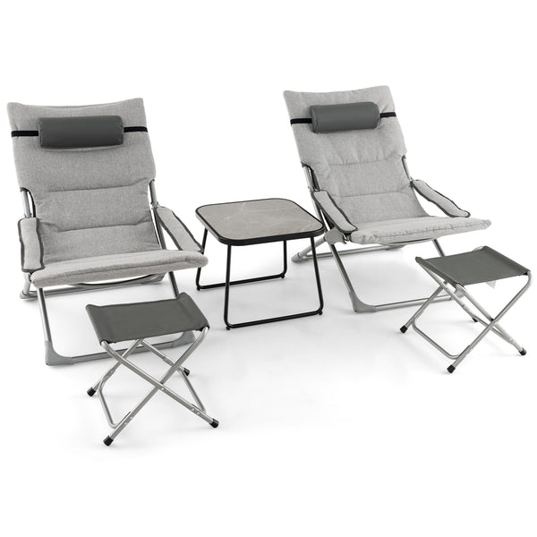 Includes 2 folding chairs  2 folding footrests and 1 coffee table<br>Foldable chairs and footrests for easy storage and carrying<br>Rear storage pocket allows you to store folded footrests or books<br>Patio chairs feature comfortable cushions  headrest an