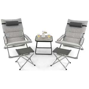 Includes 2 folding chairs  2 folding footrests and 1 coffee table<br>Foldable chairs and footrests for easy storage and carrying<br>Rear storage pocket allows you to store folded footrests or books<br>Patio chairs feature comfortable cushions  headrest an