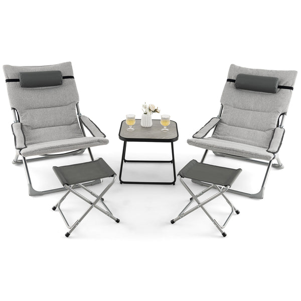 Includes 2 folding chairs  2 folding footrests and 1 coffee table<br>Foldable chairs and footrests for easy storage and carrying<br>Rear storage pocket allows you to store folded footrests or books<br>Patio chairs feature comfortable cushions  headrest an