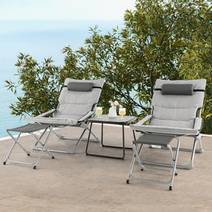 Includes 2 folding chairs  2 folding footrests and 1 coffee table<br>Foldable chairs and footrests for easy storage and carrying<br>Rear storage pocket allows you to store folded footrests or books<br>Patio chairs feature comfortable cushions  headrest an