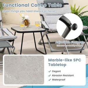 Includes 2 folding chairs  2 folding footrests and 1 coffee table<br>Foldable chairs and footrests for easy storage and carrying<br>Rear storage pocket allows you to store folded footrests or books<br>Patio chairs feature comfortable cushions  headrest an