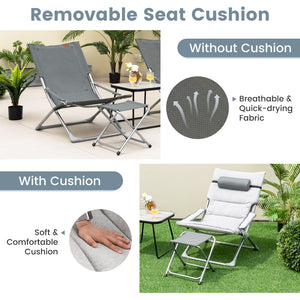 Includes 2 folding chairs  2 folding footrests and 1 coffee table<br>Foldable chairs and footrests for easy storage and carrying<br>Rear storage pocket allows you to store folded footrests or books<br>Patio chairs feature comfortable cushions  headrest an