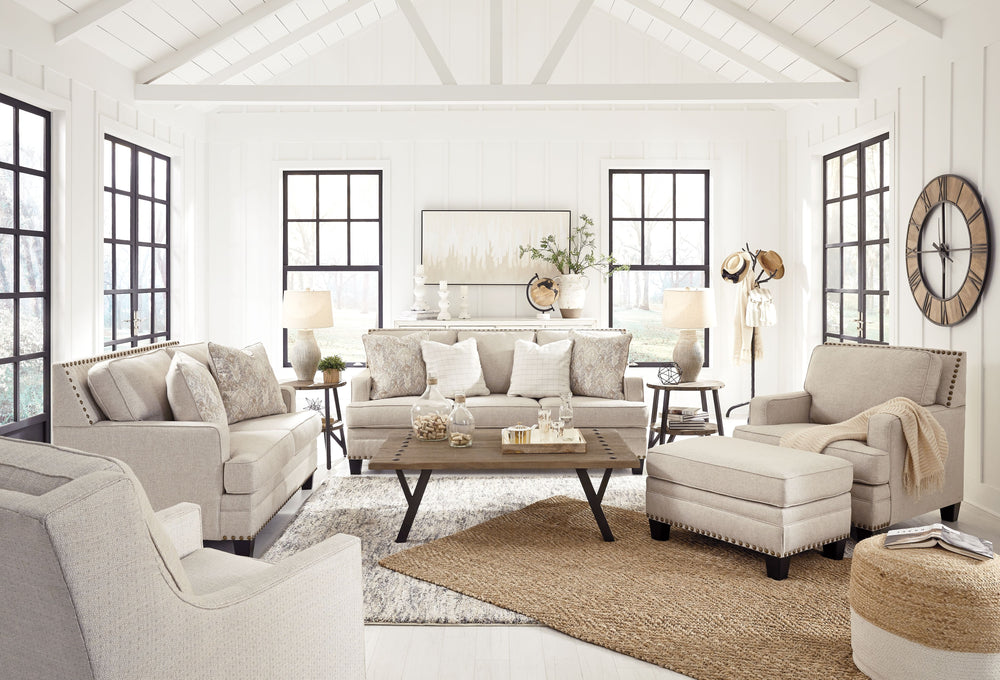 A case of contemporary and classic style influences coming together in a beautiful way, this living room set brings a fresh perspective to modern farmhouse living. <h4><b>Claredon - Linen - Sofa</b></h4> <table width=-"100%-"><colgroup><col style=-"width: