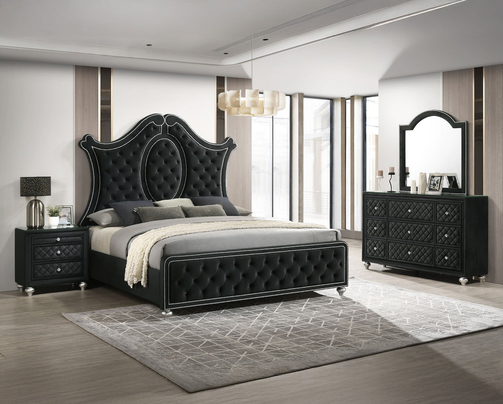 Indulge in timeless elegance and dramatic sophistication with this stunning bedroom collection, designed to make a bold statement. The centerpiece features an exquisitely tufted headboard with luxurious upholstery and intricate nailhead trim, exuding opul