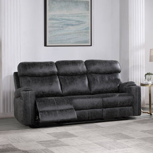 This Hirah motion sofa in dark gray polish microfiber offers both luxury and convenience. Featuring tight back and seat cushions with pocket coil construction and a sturdy wooden inner frame, it ensures maximum comfort. The loveseat includes a console wit