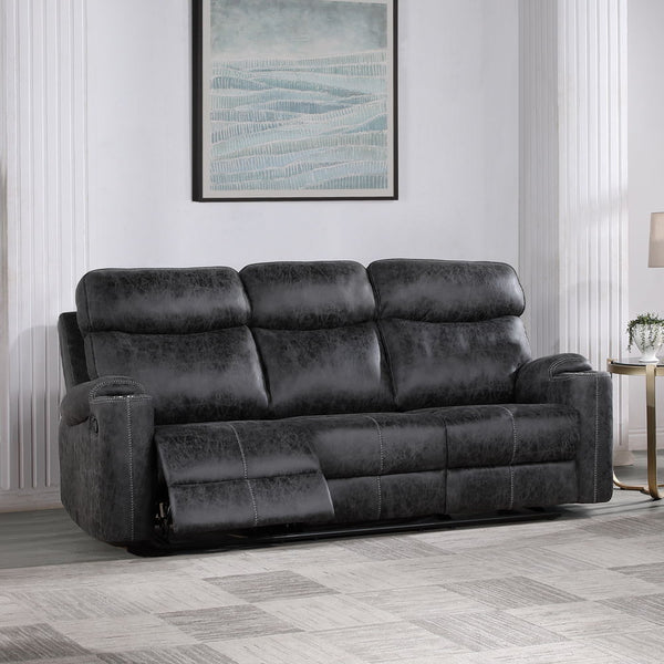 This Hirah motion sofa in dark gray polish microfiber offers both luxury and convenience. Featuring tight back and seat cushions with pocket coil construction and a sturdy wooden inner frame, it ensures maximum comfort. The loveseat includes a console wit