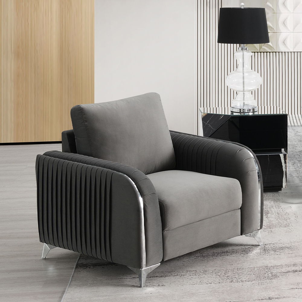 Make a bold statement with the Wenona blue velvet chair. The blue color of the velvet upholstery is a classic color that will provide a fun pop of color in any home. This chair is highlighted with polished chrome trim accents along the armrests and legs t