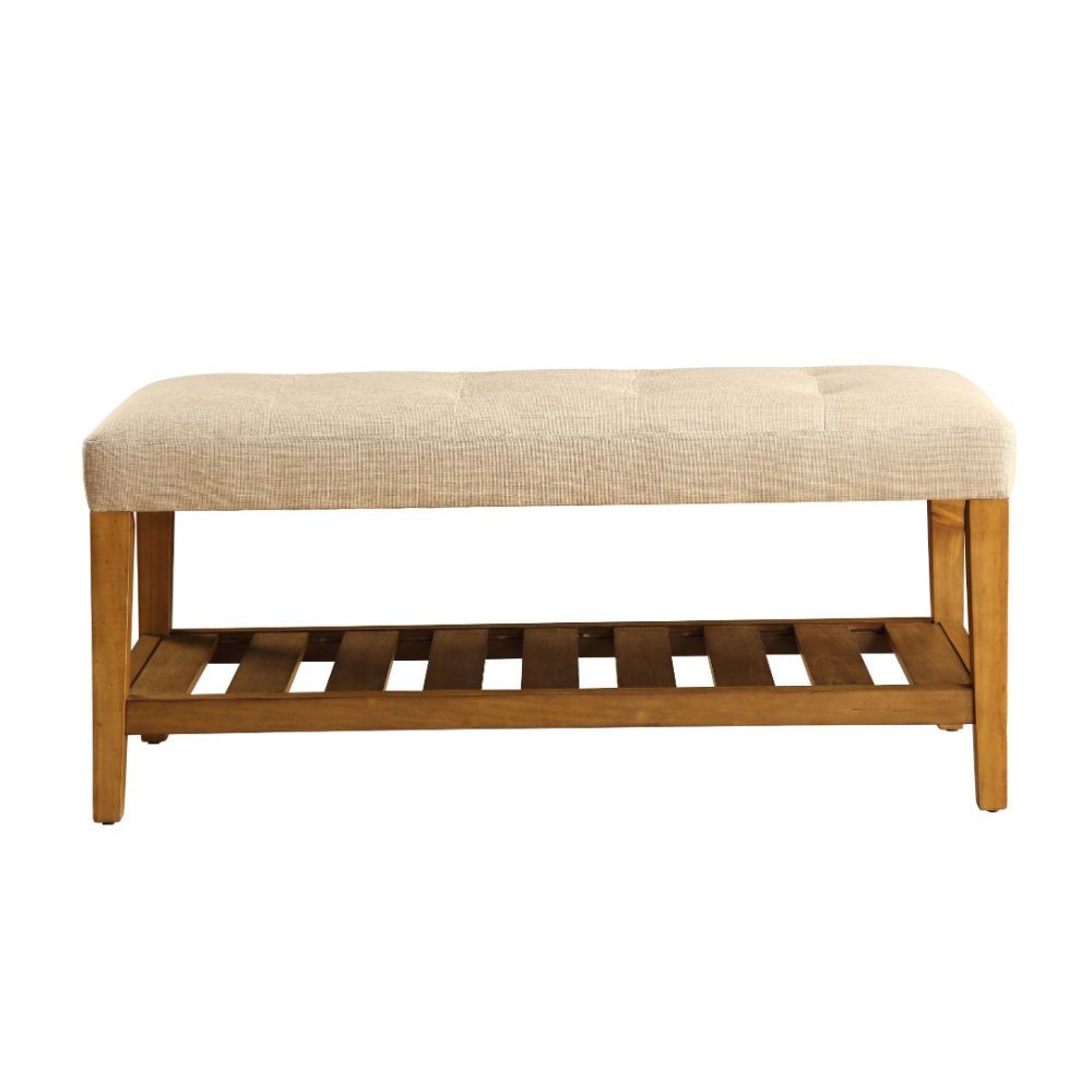 Simplistic lines pulling from the craftsman era and tapered legs to add some style, the Charla bench with button tufted full box seat can easily compliment any home styling Decor. The added width of the bottom slats serves as a function shelf. There are 4