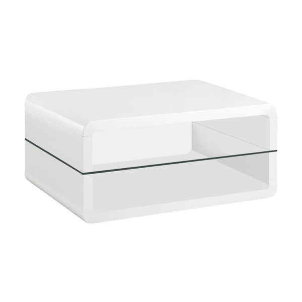 This ultra-modern rectangular coffee table combines a sleek white high-gloss finish with the sophistication of clear tempered glass. Crafted from engineered wood, its smooth, curved edges add a contemporary appeal, while the integrated glass shelf provide