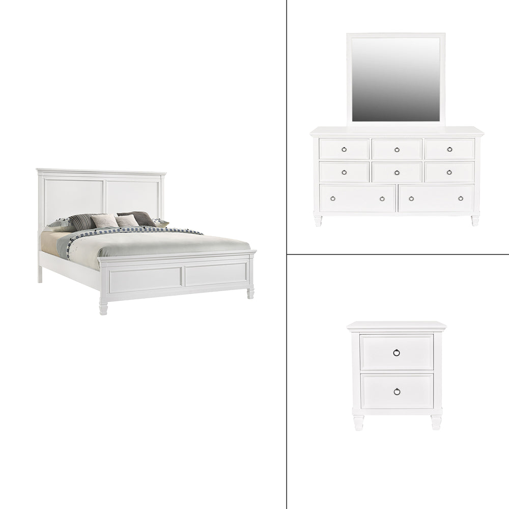 The Tamarack 4 Piece Bedroom Set in white, featuring a Panel Bed, Dresser, Mirror, and Nightstand, is a stunning combination of durability and elegance. Crafted with solid poplar, basswood veneers, and eco-friendly manufactured wood, this set ensures stre