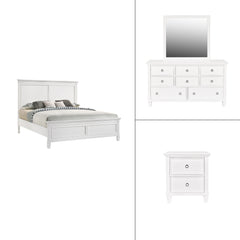 The Tamarack 4 Piece Bedroom Set in white, featuring a Panel Bed, Dresser, Mirror, and Nightstand, is a stunning combination of durability and elegance. Crafted with solid poplar, basswood veneers, and eco-friendly manufactured wood, this set ensures stre