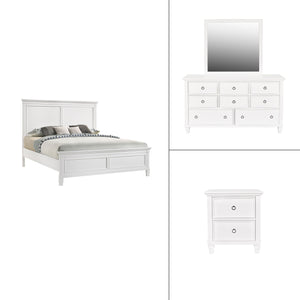 The Tamarack 4 Piece Bedroom Set in white, featuring a Panel Bed, Dresser, Mirror, and Nightstand, is a stunning combination of durability and elegance. Crafted with solid poplar, basswood veneers, and eco-friendly manufactured wood, this set ensures stre