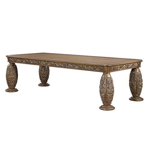 Ornate scrollwork and endless details the Constantine collection takes inspiration from the Baroque era to make up this dining set. The bronze finish creates a regal look to the set. The table sits on highly detailed wooden legs that are not only beautifu