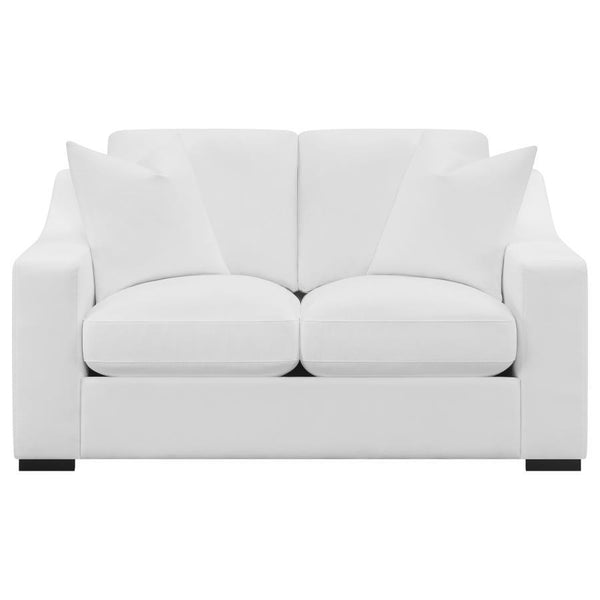  upholstered in a white trillium polyester blend fabric throughout its sloped track armrests and top -stitched reversible cushions. A solid wood frame offers long-lasting