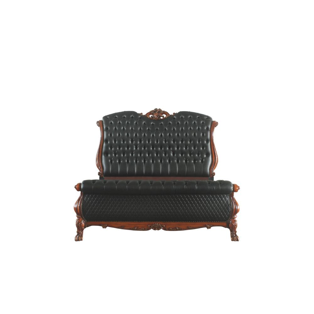 The Dresden bedroom collection is exclusively designed and filled with a romantic spirit. A piece carefully crafted and inspired by the luxurious designs of the past. This gorgeous bed features a stunning rolled leatherette headboard and footboard with bu