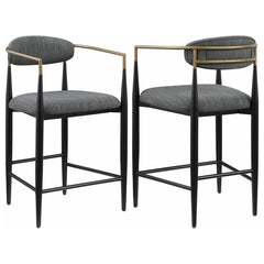 Charm is the watchword for a set of two modern counter height stools. Each embraces a light, airy ambiance with an open back and slim, rounded rest that provides ample support for everything from a leisurely meal to a quick bite. Its padded seat adds foam