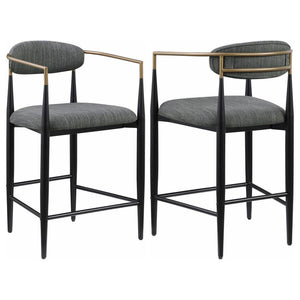 Charm is the watchword for a set of two modern counter height stools. Each embraces a light, airy ambiance with an open back and slim, rounded rest that provides ample support for everything from a leisurely meal to a quick bite. Its padded seat adds foam