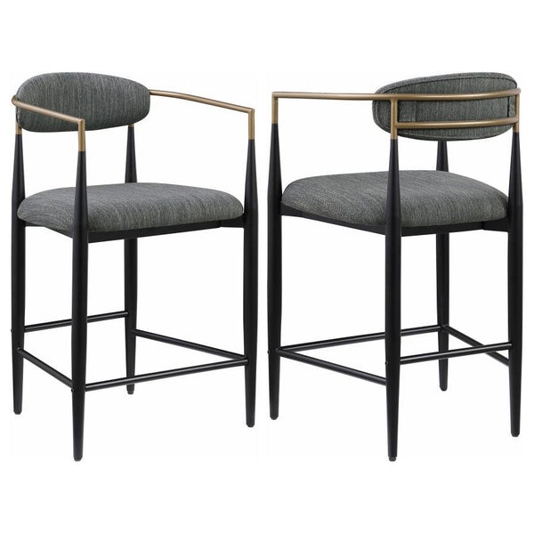 Charm is the watchword for a set of two modern counter height stools. Each embraces a light, airy ambiance with an open back and slim, rounded rest that provides ample support for everything from a leisurely meal to a quick bite. Its padded seat adds foam