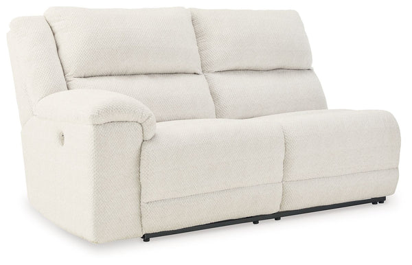 This left-arm facing power reclining loveseat is made with polyester upholstery. Pairs with other items in the series to make a sectional.<br><br><b>Additional Dimensions</b><br><ul><li>Arm height: 26-"</li><li>Seat depth: 22-"</li><li>Seat height: 21-"</