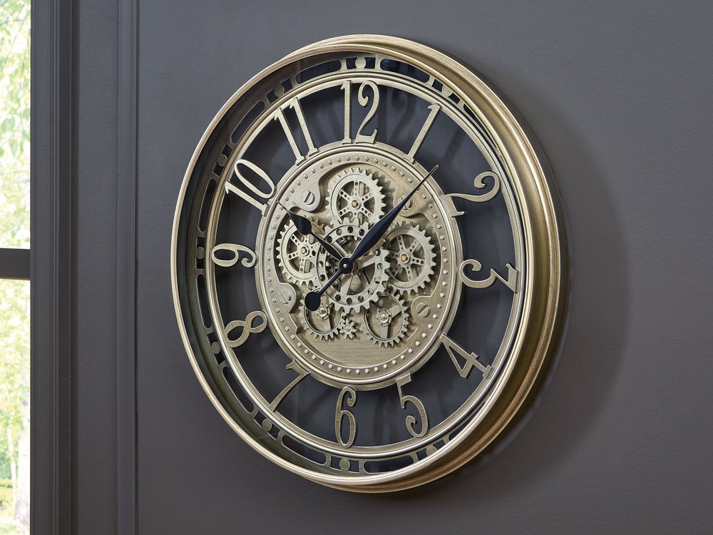 Gear up for greatness with this vintage-inspired wall clock. A champagne finish adds a touch of elegance, while the intricate moving gears offer a glimpse into the inner workings of time. It may look old, but it still runs like clockwork.<br/><br/><b>Prod