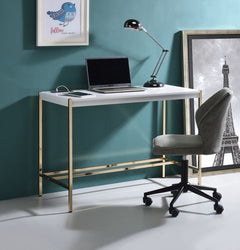 Rectangular Writing Desk No Storage Wooden Top: White Finish Metal Base: Gold Finish (Open Base)<br/><br/><b>Product Features</b><ul><li>Rectangular Writing Desk</li><li>No Storage</li><li>Wooden Top: White Finish</li><li>Metal Base: Gold Finish (Open Bas