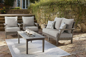 Itâ€™s the dawn of a new day for gray. Embrace the style trend with this loveseat, set of 2 chairs and coffee table set. Crafted of HDPE material that combines the exceptional durability and weather resistance you need with the -"wood look-" you love, thi