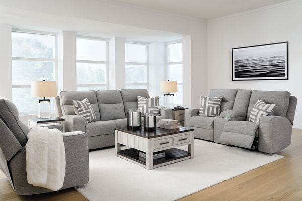 If style is the question, then this power reclining set is the answer. Its clean-lined profile is beautifully contemporary. High-performance fabric and plump cushioning make it so easy to comfortably kick up your heels. The adjustable Easy Viewâ„¢ headres