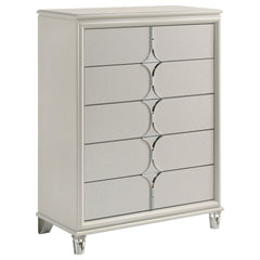 Discover elegance and functionality with this beautifully crafted chest, designed to complement your bedroom suite. The pearl white finish, highlighted by the unique diamond star drawer fronts and chrome metal pulls, exudes a contemporary charm. Acrylic f