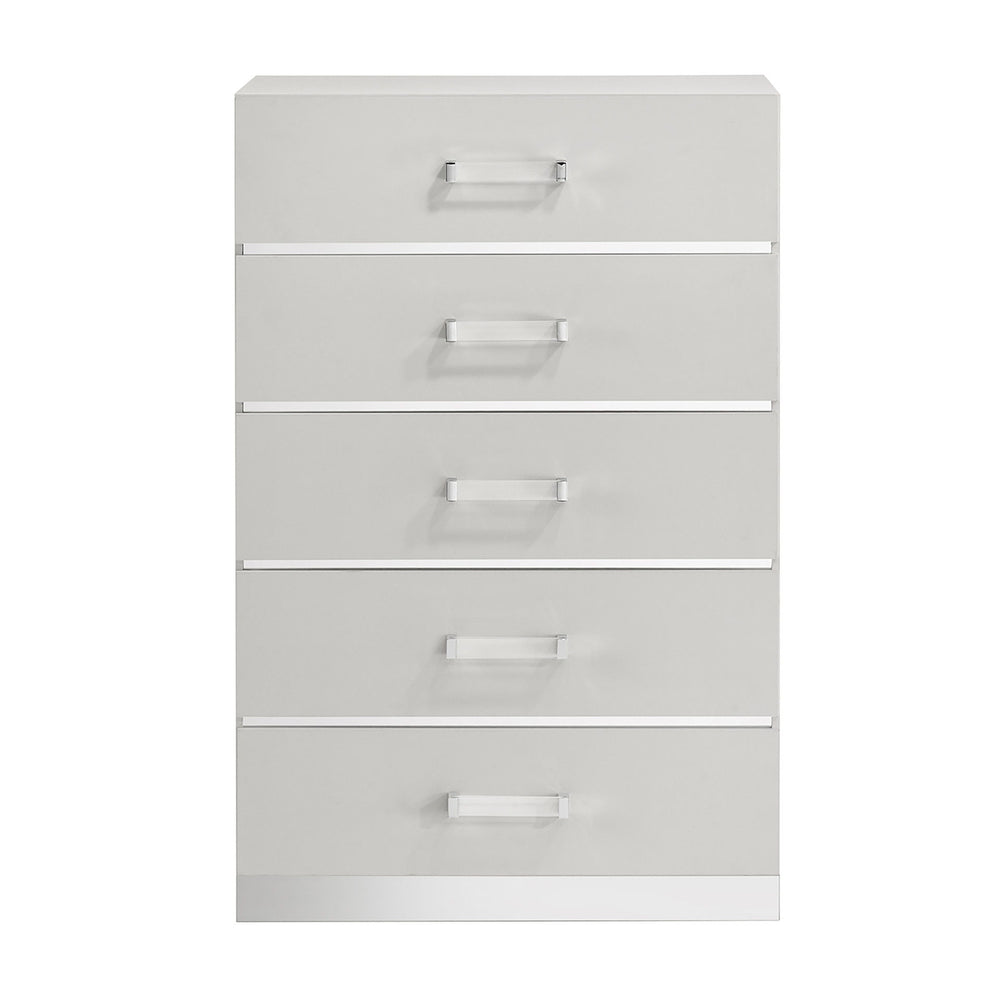 The Europa 5 Drawer Chest in white combines modern elegance with practical functionality. This chest features a sleek, sophisticated look with a gleaming white finish, mylar accents, and acrylic drawer pulls. Quality craftsmanship is evident in the eco-fr