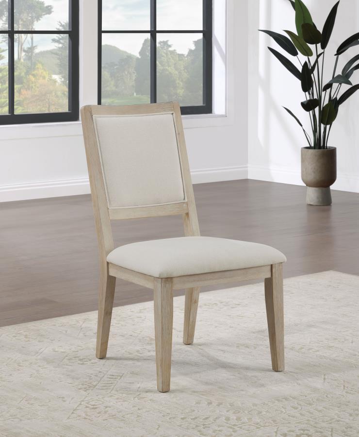 Plus foam and soft upholstery are a perfect complement to the inviting casual charm of a set of two modern farmhouse dining chairs. They feature squared backs with straight, tapered legs for a clean, precise look and feel. They boast wood framing complete