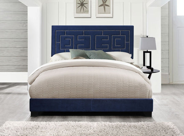 The Ishiko III bed provides a commanding presence in any room. This contemporary panel bed features a fully padded rectangular headboard with low profile footboard in a luxurious dark blue velvet. The headboard is accented with geometrically patterned nai