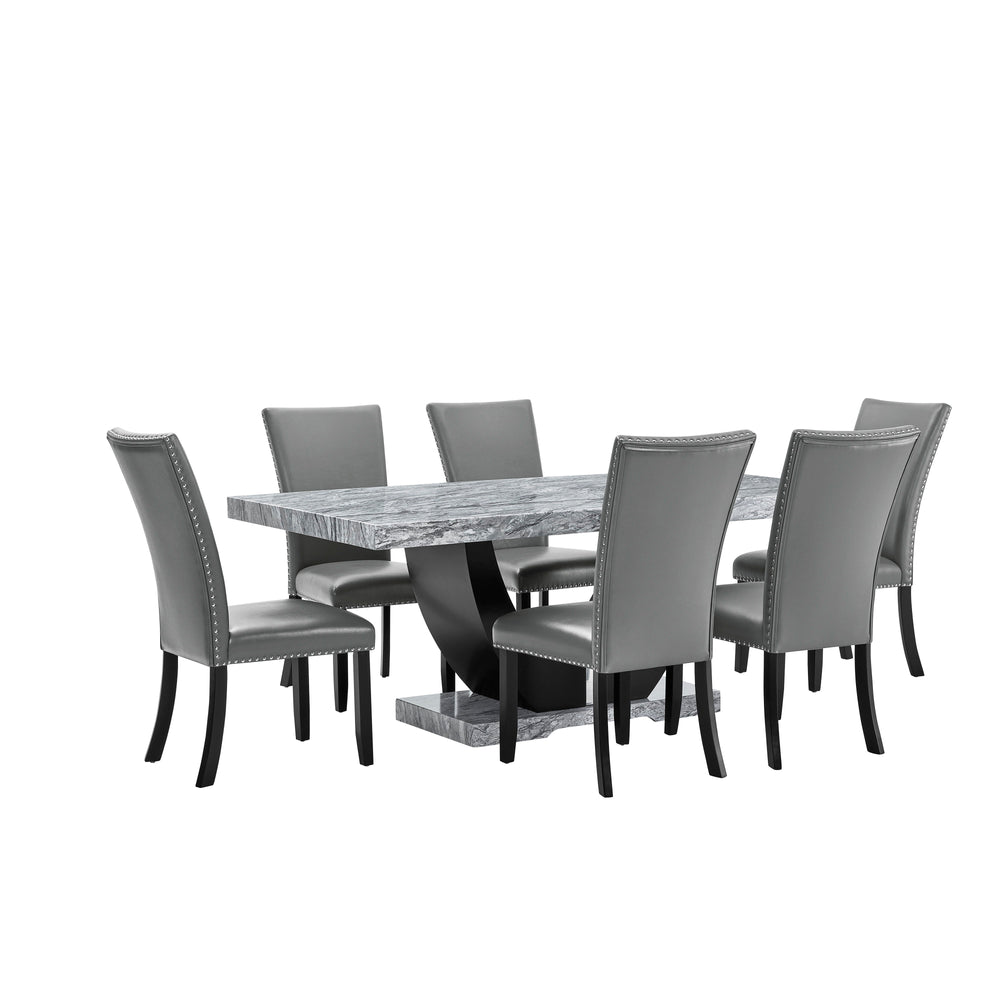 Transform your dining experience with the Lyra 7 Piece Dining Set, a perfect blend of style and practicality. This set features a striking faux marble table and six chic upholstered chairs, designed to bring a touch of contemporary glam to your home. The 