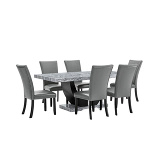  a perfect blend of style and practicality. This set features a striking faux marble table and six chic upholstered chairs