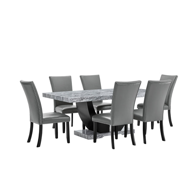  a perfect blend of style and practicality. This set features a striking faux marble table and six chic upholstered chairs