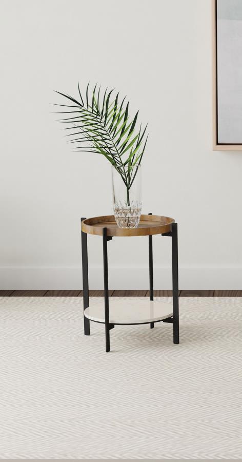  blending organic materials with sleek modern design. The beautiful round mango wood top showcases unique grain patterns
