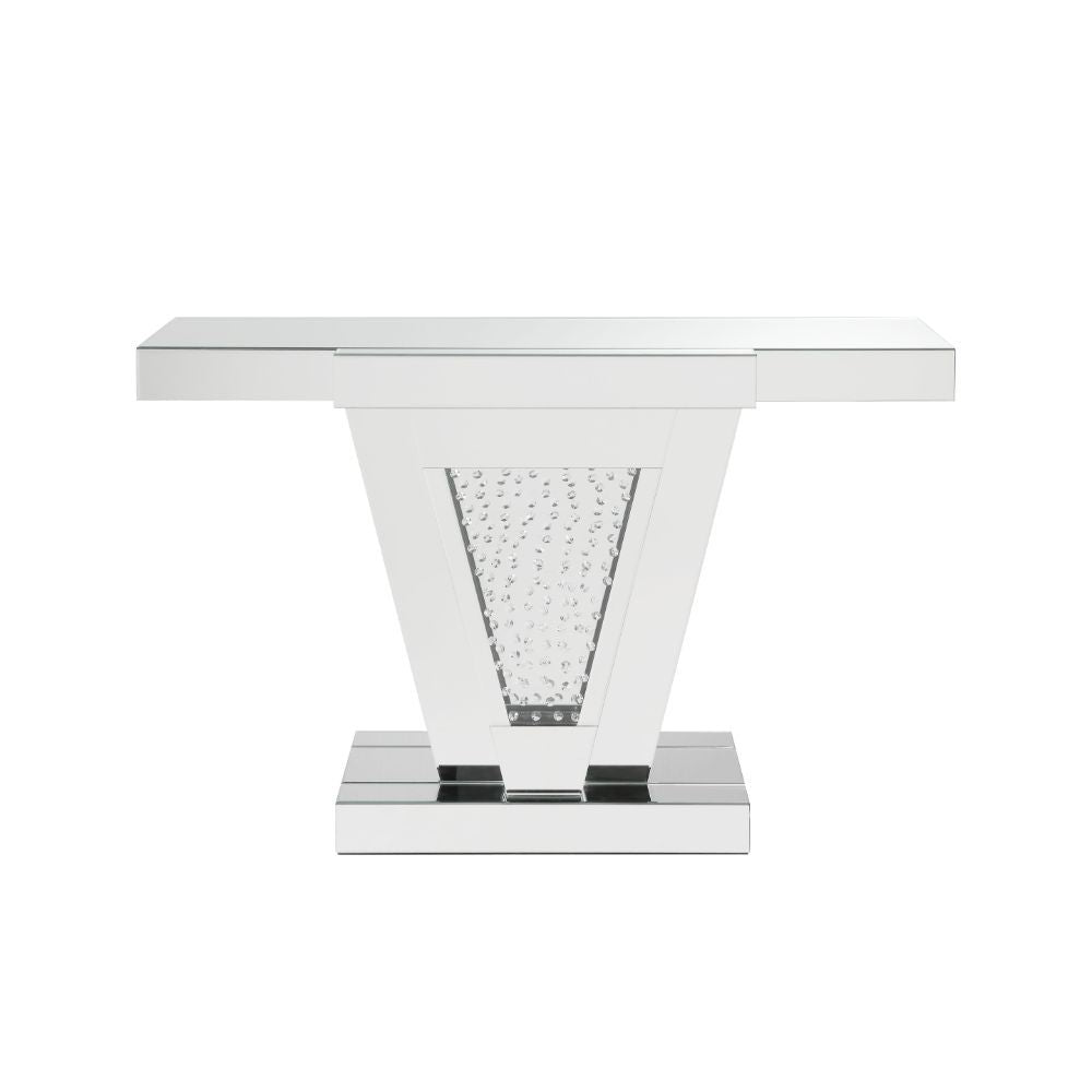KD, Rectangular Console Table Beveled Mirrored Finish, Clear Glass with Faux Crystal Inlay (Back Unfinished) Orientation: Free Standing NO Storage (Pedestal Base) CONSTRUCTION Top & Apron: Mirror, MDF (Fixed Top/No Leaves) Mirrored Base: Geometric Shape P