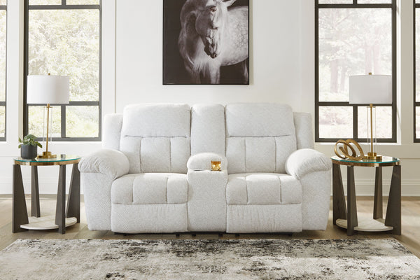  this extra-spacious reclining loveseat with console is a masterclass in accessible style. Plush