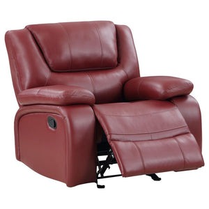  enjoying a smooth red leatherette upholstered glider with plump cushioning in str