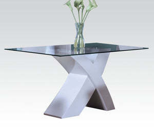 KD, Rectangular Pedestal Table NO Storage Glass Top: 10mm Clear Tempered, Fixed Top (NO Extension Included) High Gloss Pedestal CONSTRUCTION Glass Top: Glass Top: 10mm Clear Tempered Glass w/25mm Beveled Edge Pedestal -"X-" Shape: High Gloss Finish<br/><b