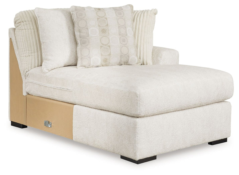 This right-arm facing corner chaise is made with polyester upholstery. Pairs with other items in the series to make a sectional.<br><br><b>Additional Dimensions</b><br><ul><li>Arm height: 27-"</li><li>Seat depth: 49-"</li><li>Seat height: 22-"</li><li>Top