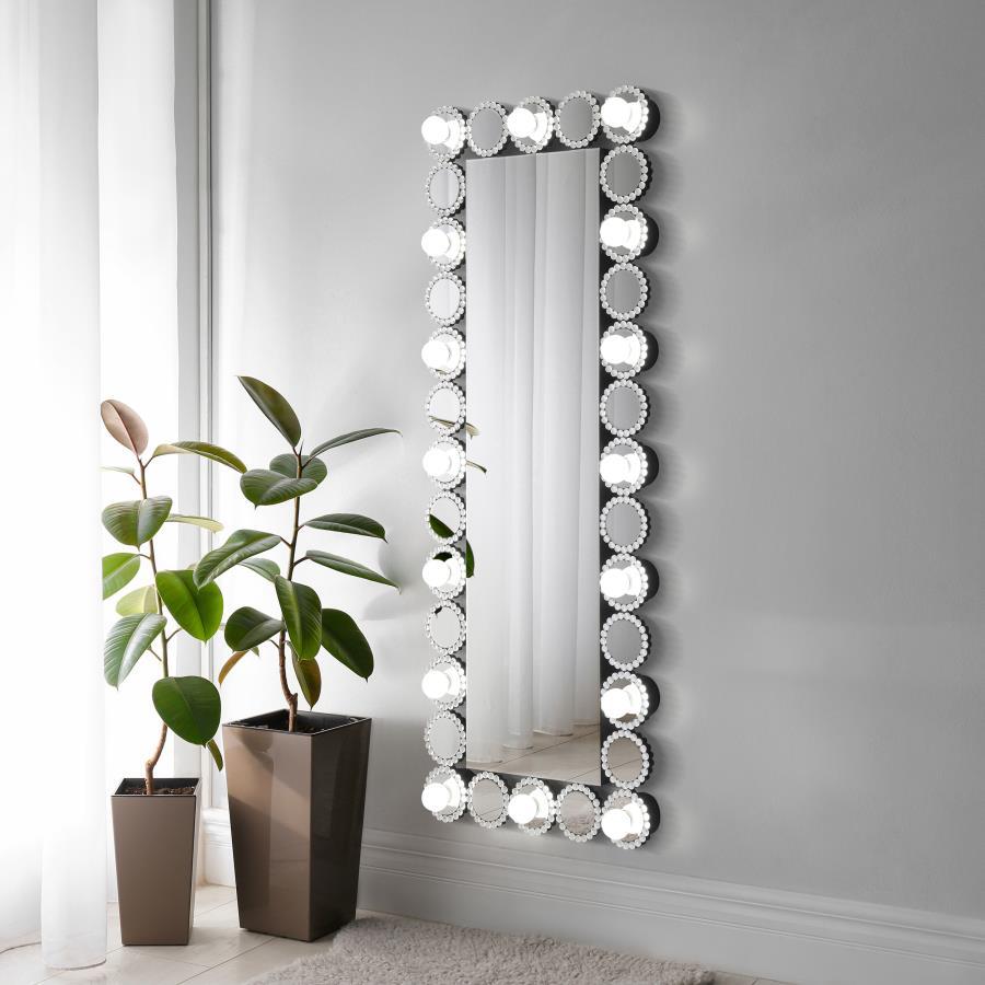 The contemporary full-length mirror lends a wonderful accent piece to your rooms. Featuring 16 LED lights that offer an even glow adding a glamour style to this piece. The Hollywood inspired frame is bordered by individual round mirror tiles, each further